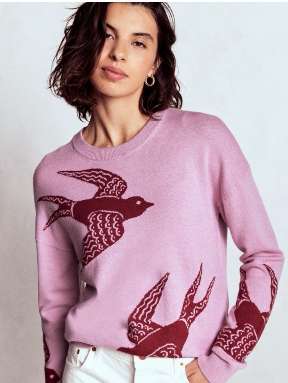 Boden Pink Natasha Novelty Jumper Women’s Pink Bird-Print Crewneck Sweater Small